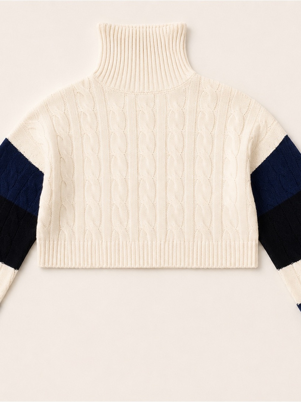 Cropped Cable-Knit Turtleneck Sweater with Navy & Black Sleeve Stripes